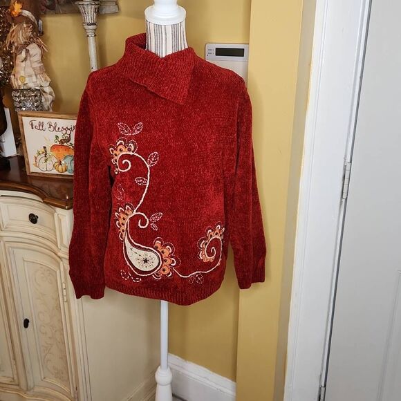Alfred Dunner chenille floral embroidered turtleneck rust women's size Small - Picture 1 of 5